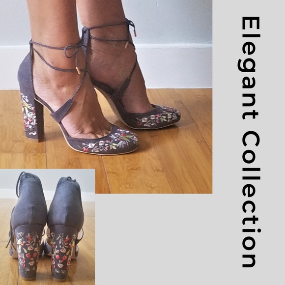 Elegant Collection Shoes - Floral Embroidered Closed Toe Heel